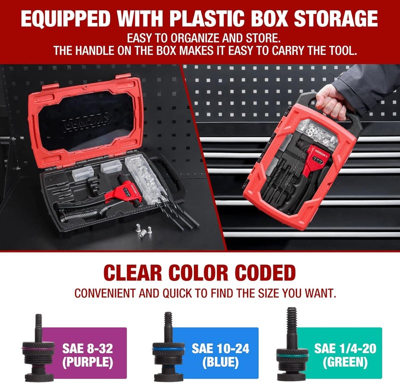 Arrow Fastener Arrow Rivet Nut Tool, 8" Rivet Nut Gun Kit Designed for Tight Space, Rivet Nut Setter with 3 Pcs Mandrels (8-32, 10-24, 1/4-20), 75 Pcs Rivnuts and 3 Pcs Drills, Sturdy Case Packed - Image 5